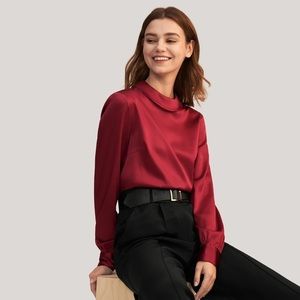 Lilysilk Stand Collar Long Sleeves Silk Blouse in Claret